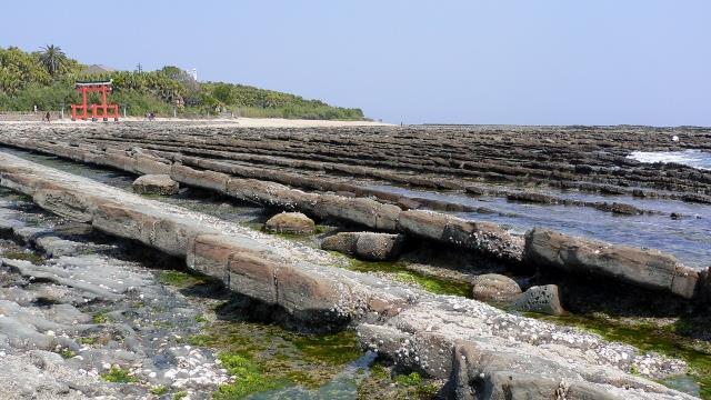 鬼の洗濯板と呼ばれる岩場と鵜戸神宮の鳥居(宮崎)